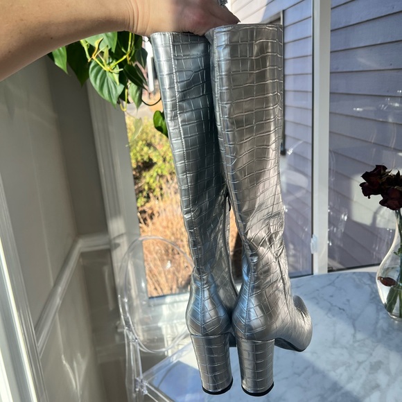 Silver Croc-Embossed Knee-High Boots - Picture 6 of 8